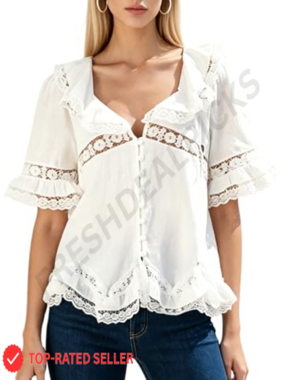 Womens Tie Front Ruffle Boho Blouse Embroidered Lace Peasant Top